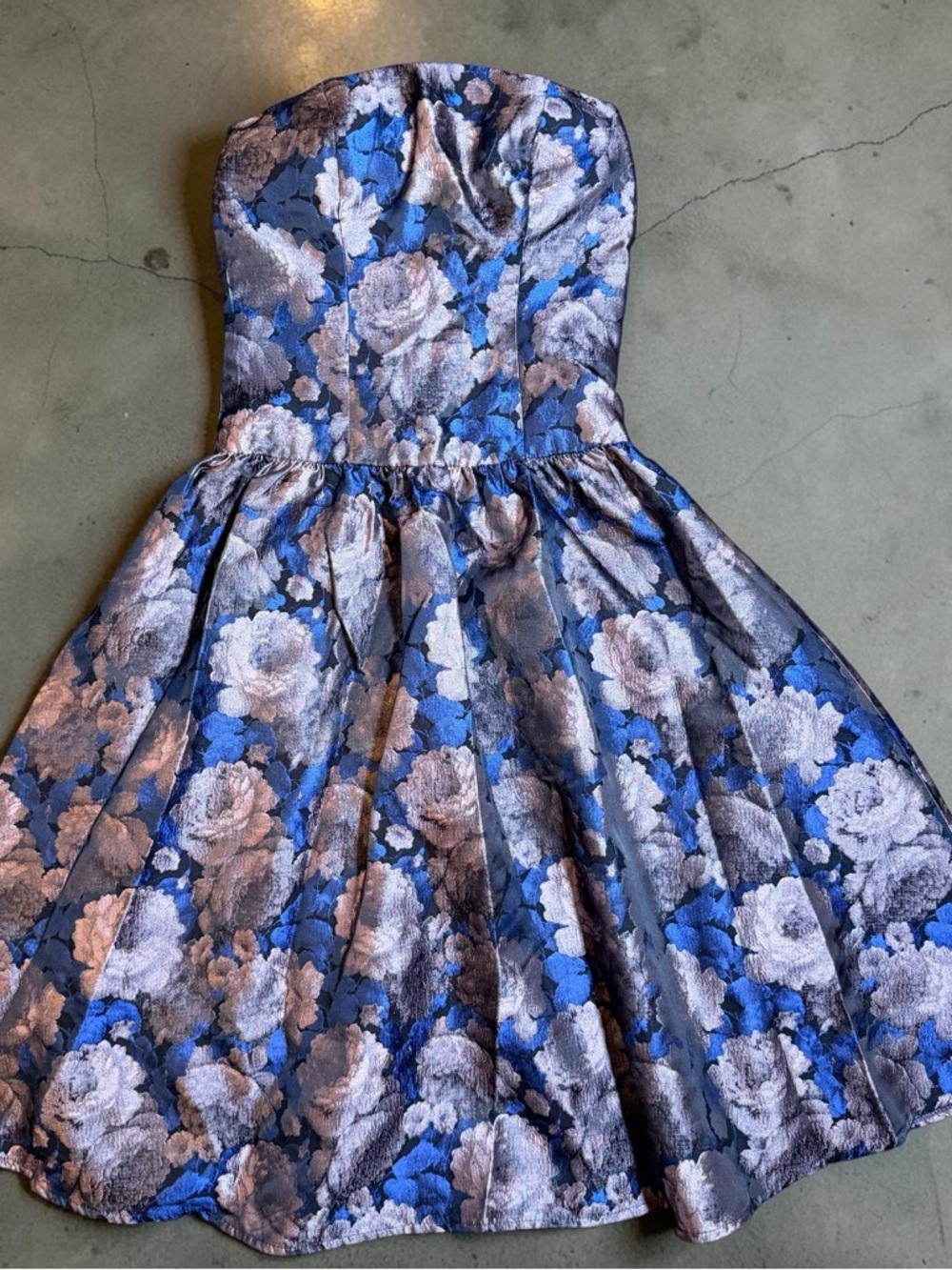 Women’s Strapless Floral Party Dress in Blue and Silver